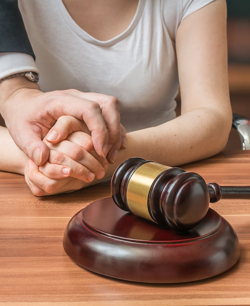 Advocate or lawyer defends accused innocent woman. Legal help and assistance concept.